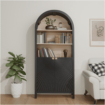JERFIT 61 inch Modern Arched Bookcase with Door, 5-Tier Storage Cabinet, MDF Bookshelf for Living Room, Office, Black