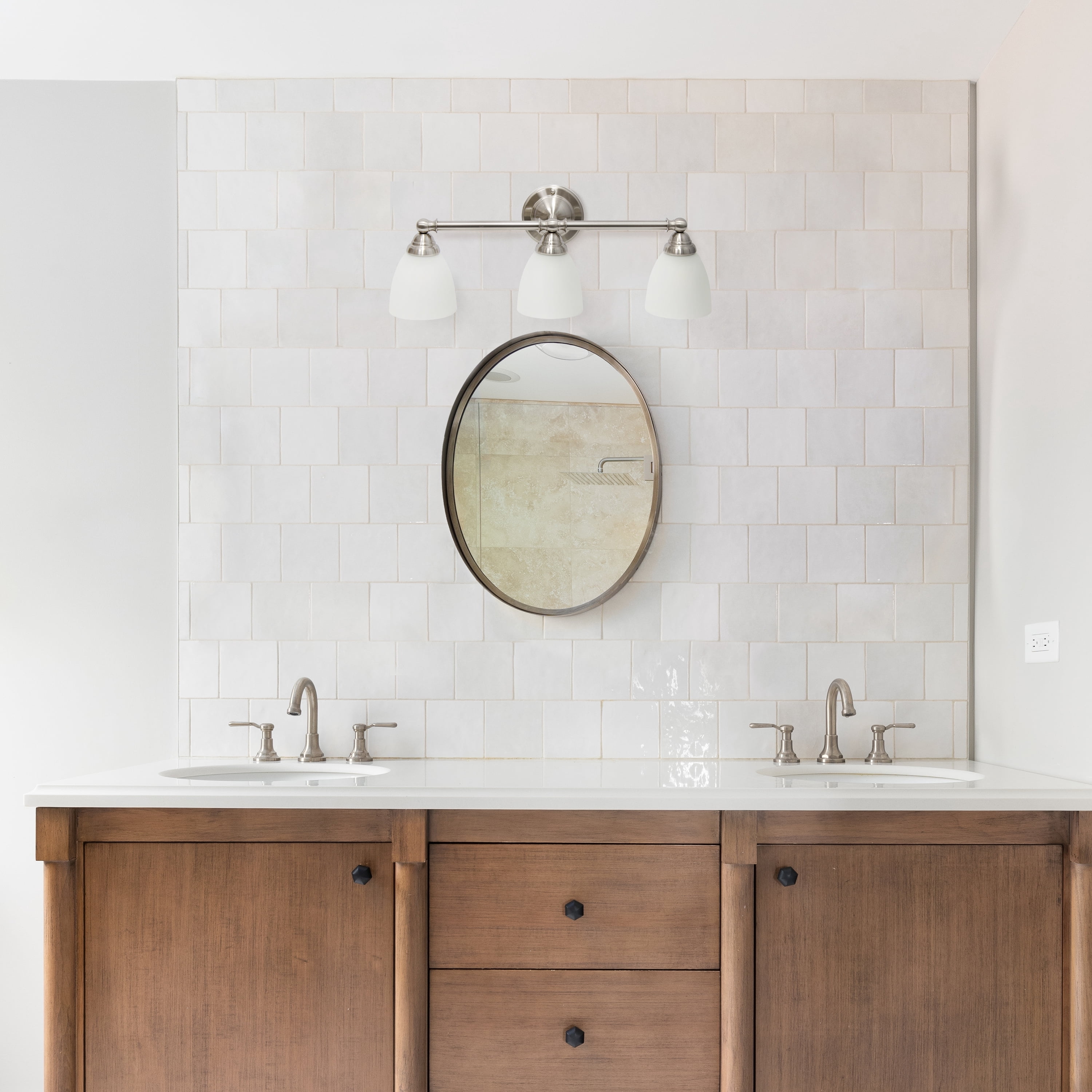 Simple Designs 25" Classic 3 Light Metal Bar and Frosted Cone Shape Glass Shades Decorative Wall Mounted Vanity Fixture For Bathroom, Entryway, Hallway, Brushed Nickel