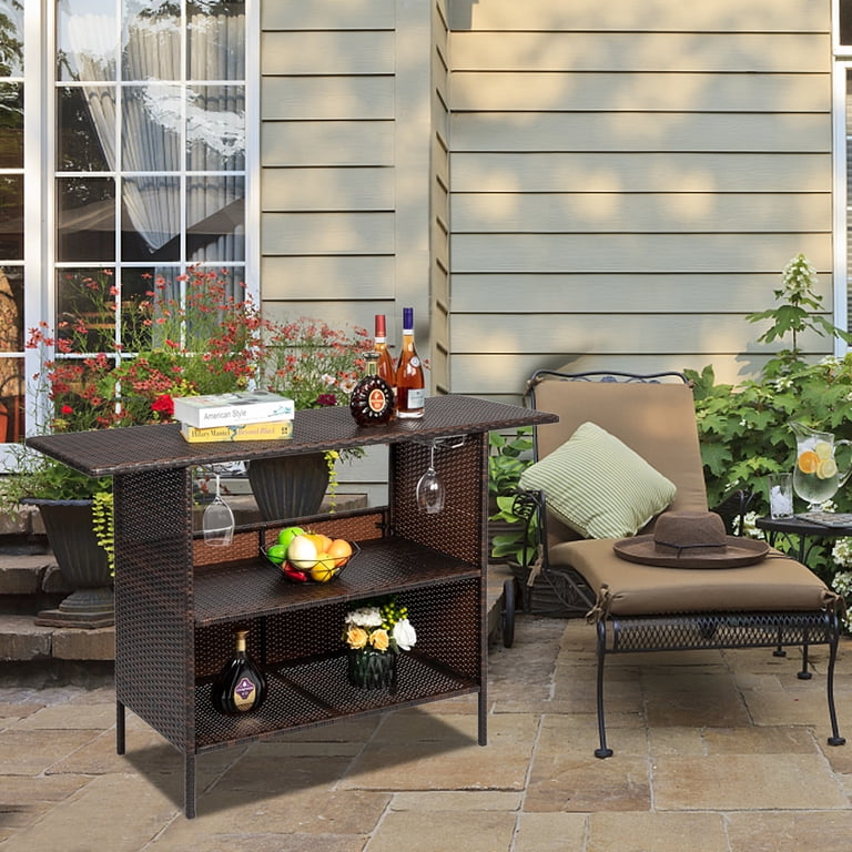 Ktaxon Outdoor Patio Furniture: Wicker Bar Table with 2 Storage