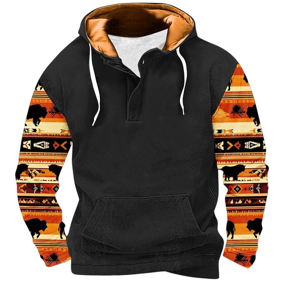 Penkiiy Men's Pocket Button Hooded Pullover Ethnic Western Cowboy Print Long Sleeve Sports Tops Hooded Sweatshirt 4XL Black
