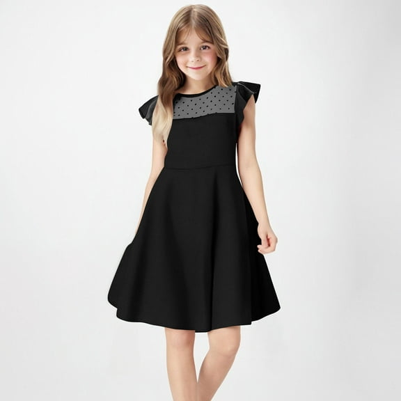 Abomasnow Girls Dress Summer Ruffle Sleeve Mesh A Line Casual Party Dresses with Pockets 4-14 Years