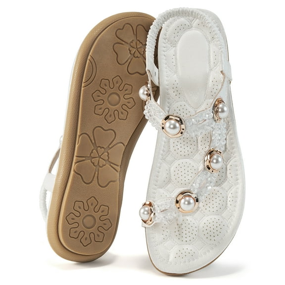 Ecetana Womens Flat Sandals Rhinestone Pearl Beach Sandals Clip Toe Summer Sandals for Women