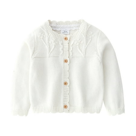

IEUIBX Kids Jacket Baby Girls Knit Sweater Autumn Solid Long Sleeve Tops Cardigan Clothes White 6-12 Months