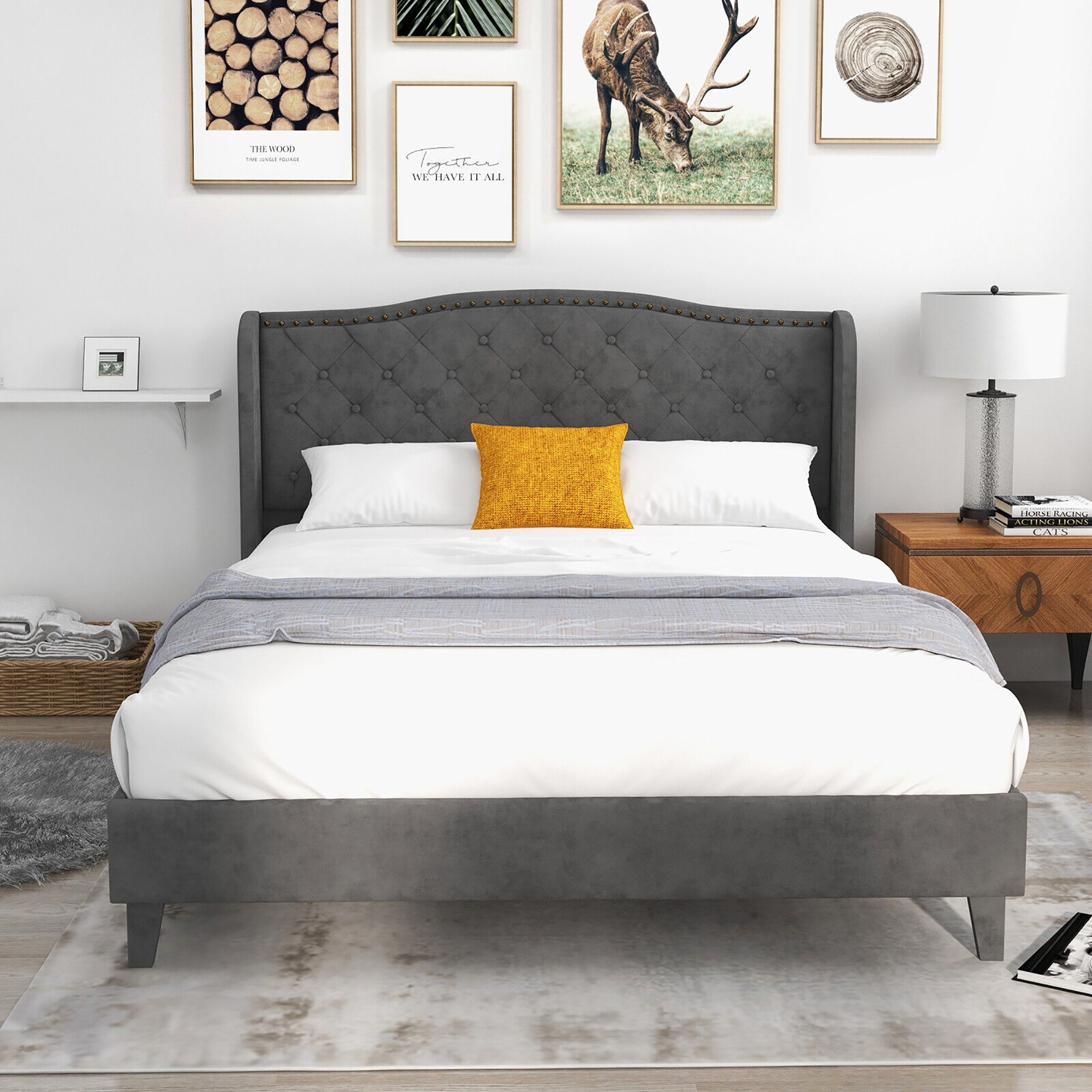 Gymax Queen Upholstered Platform Bed Frame w/ Button Tufted Headboard Noise-free