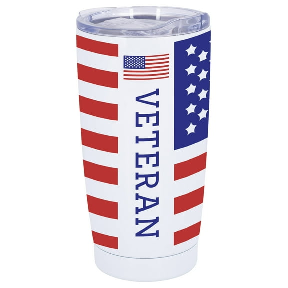 100 North 20 Ounce Stainless Steel On the Go Travel Tumbler With Push Top Lid, American Flag Veteran White