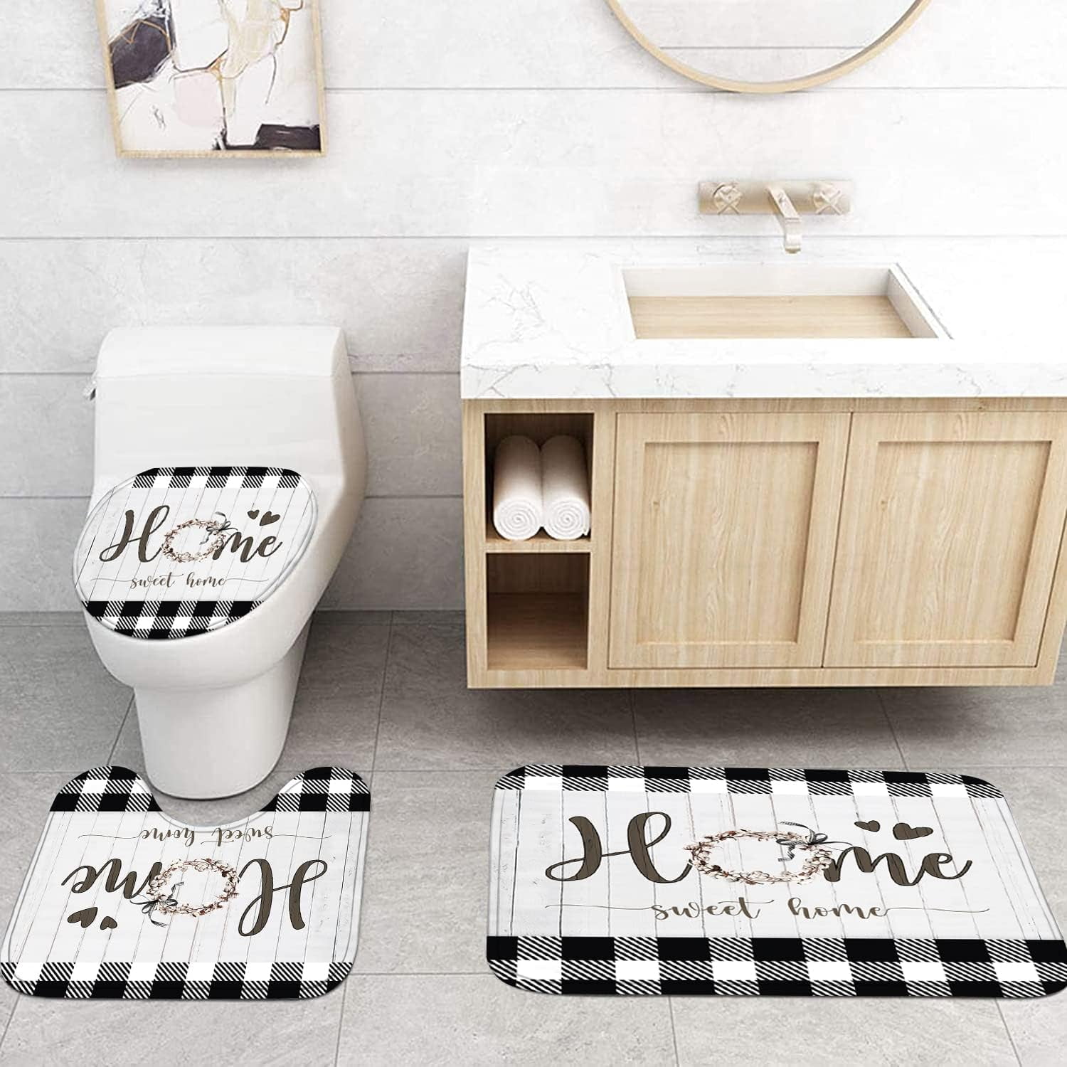 Black and White Shower Curtain Set Home Sweet Home Bathroom Sets with Rugs,Rustic Plaid Bathroom Shower Curtain Set with Carpet Bath Mat Toilet Rugs