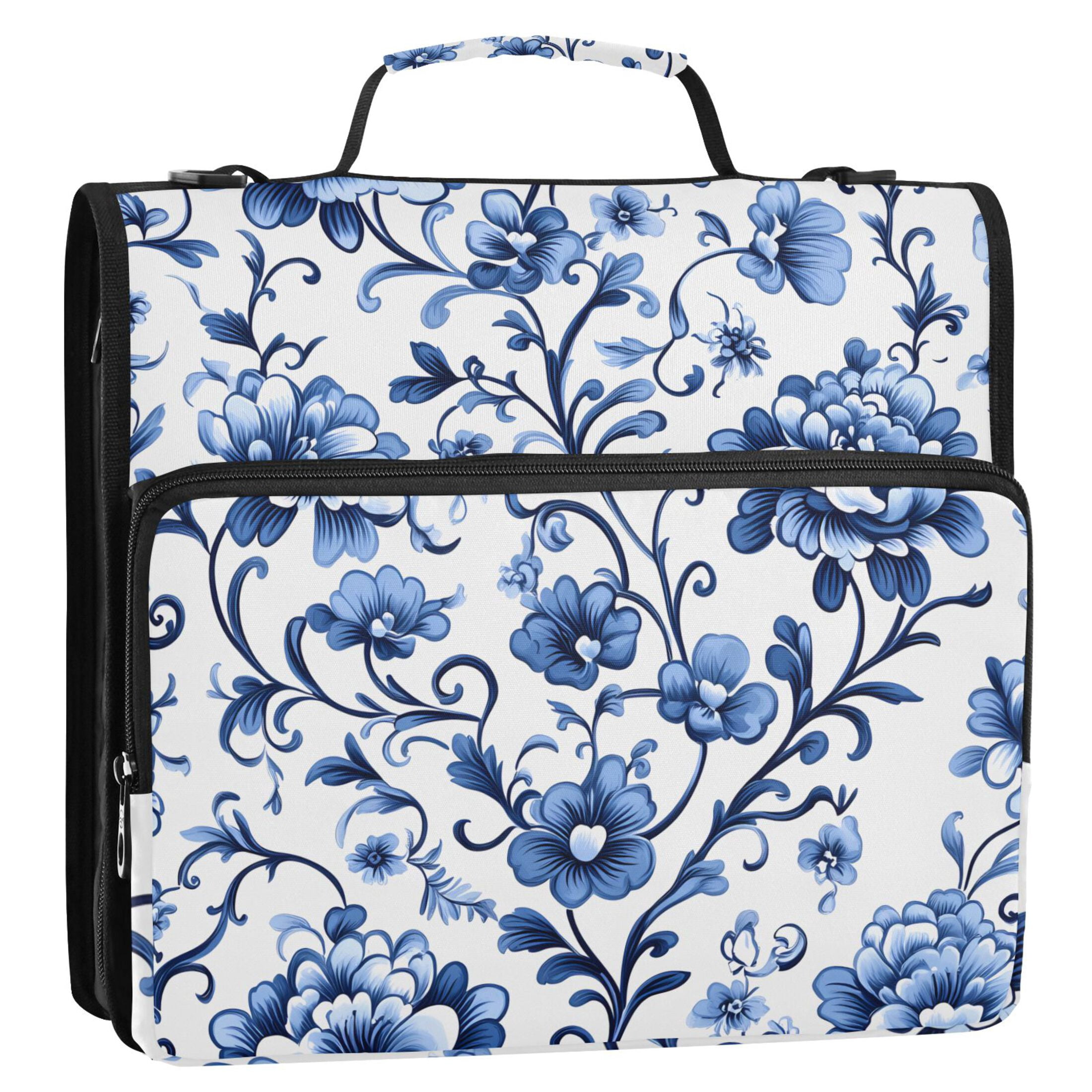 3 Ring Zipper Binder with Shoulder Strap Waterproof Trapper Keeper 1.5 Inch D-Ring 500 Sheets Capacity Floral with Blue Flowers