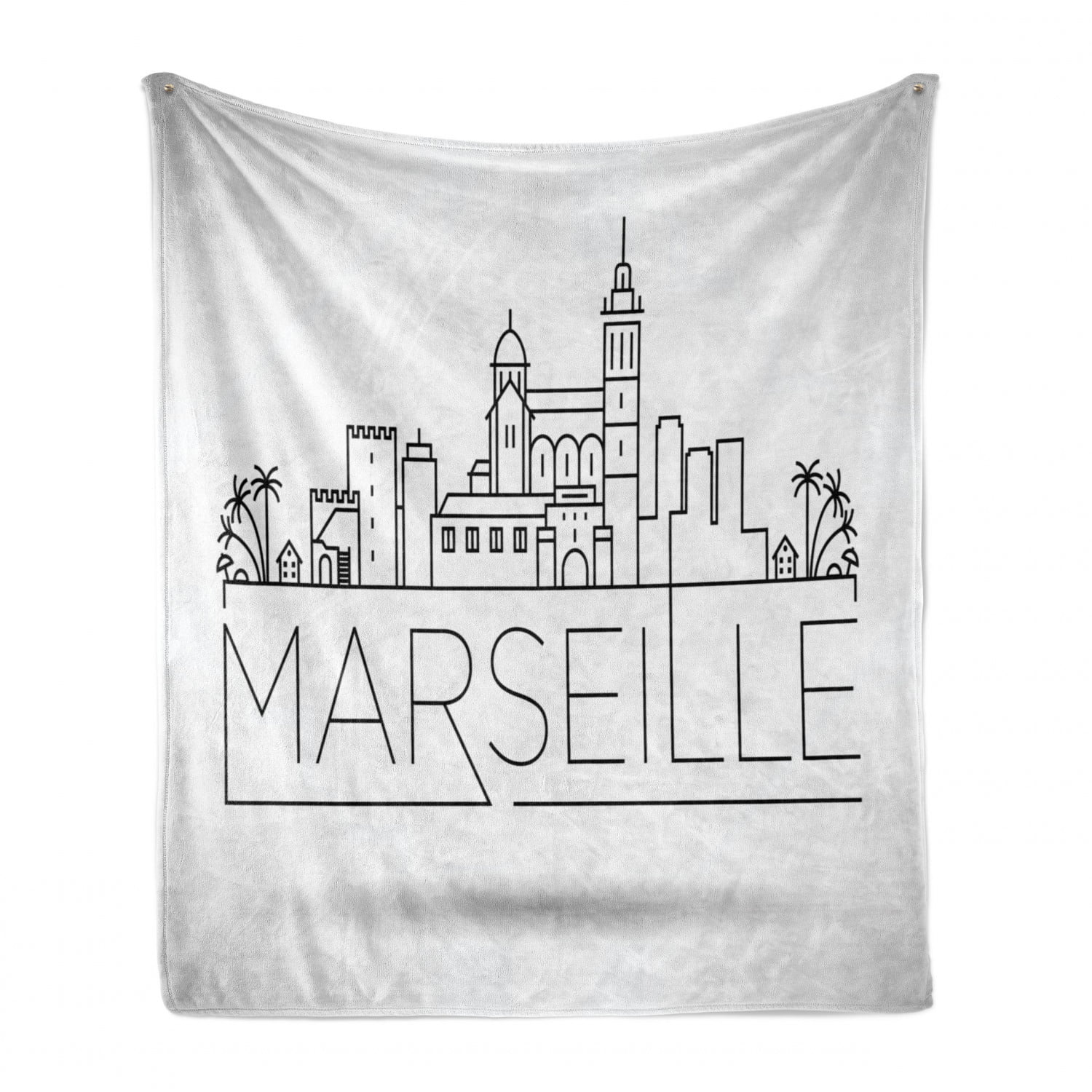 Linear Art Skyline Illustration of Marseille in Typographic Design White and Charcoal Grey Cozy Plush for Indoor and Outdoor Use Ambesonne France Soft Flannel Fleece Throw Blanket 50 x 70