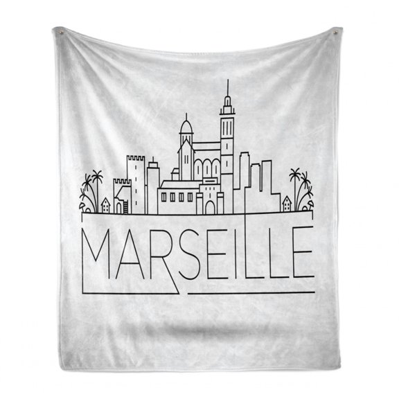France Soft Flannel Fleece Throw Blanket, Linear Art Skyline Illustration of Marseille in Typographic Design, Cozy Plush for Indoor and Outdoor Use, 50" x 60", White and Charcoal Grey, by Ambesonne
