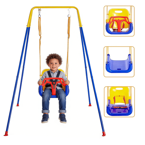 Nalwort 3-in-1 Toddler Swing sets Indoor/Outdoor Baby Swing with Foldable Metal Stand, Kids Swing Set for Backyard, Baby Swing Outdoor for Aged 6 Months to 10 Years Old