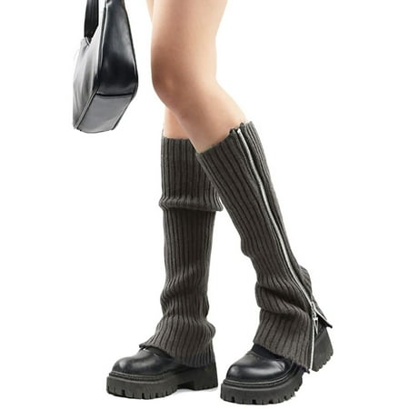 

Qxutpo Socks for Women Gothic Punk Ribbed Knitted Leg Warmers Side Zip Up Solid Colour Boot Student Knee High Foot Cover Socks