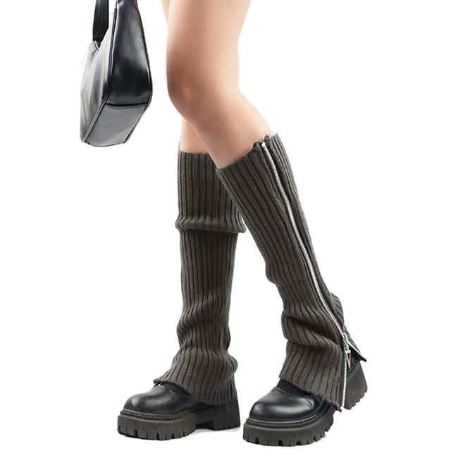 Women's Gothic Punk Ribbed Knitted Leg Warmers Side Zip Up Solid Colour Boot Socks Student Knee High Foot Cover