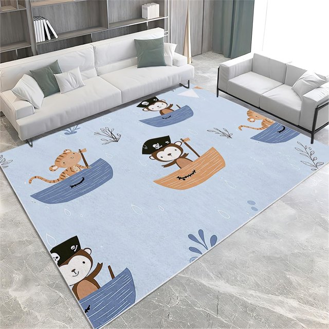 Washable Area Rug for Living Room 6x9 ft Cartoon Animals Monkey Boat 3D Print Decor Carpet, Non Slip Stain Resistant Large Area Rugs, for Bedroom Dining Room Office