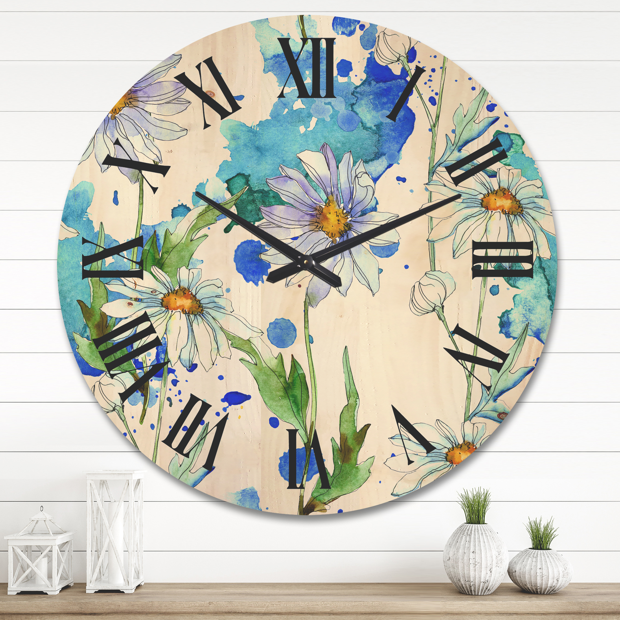 Designart 'Daisies With Green Leaves and Background' Traditional Wood Wall Clock