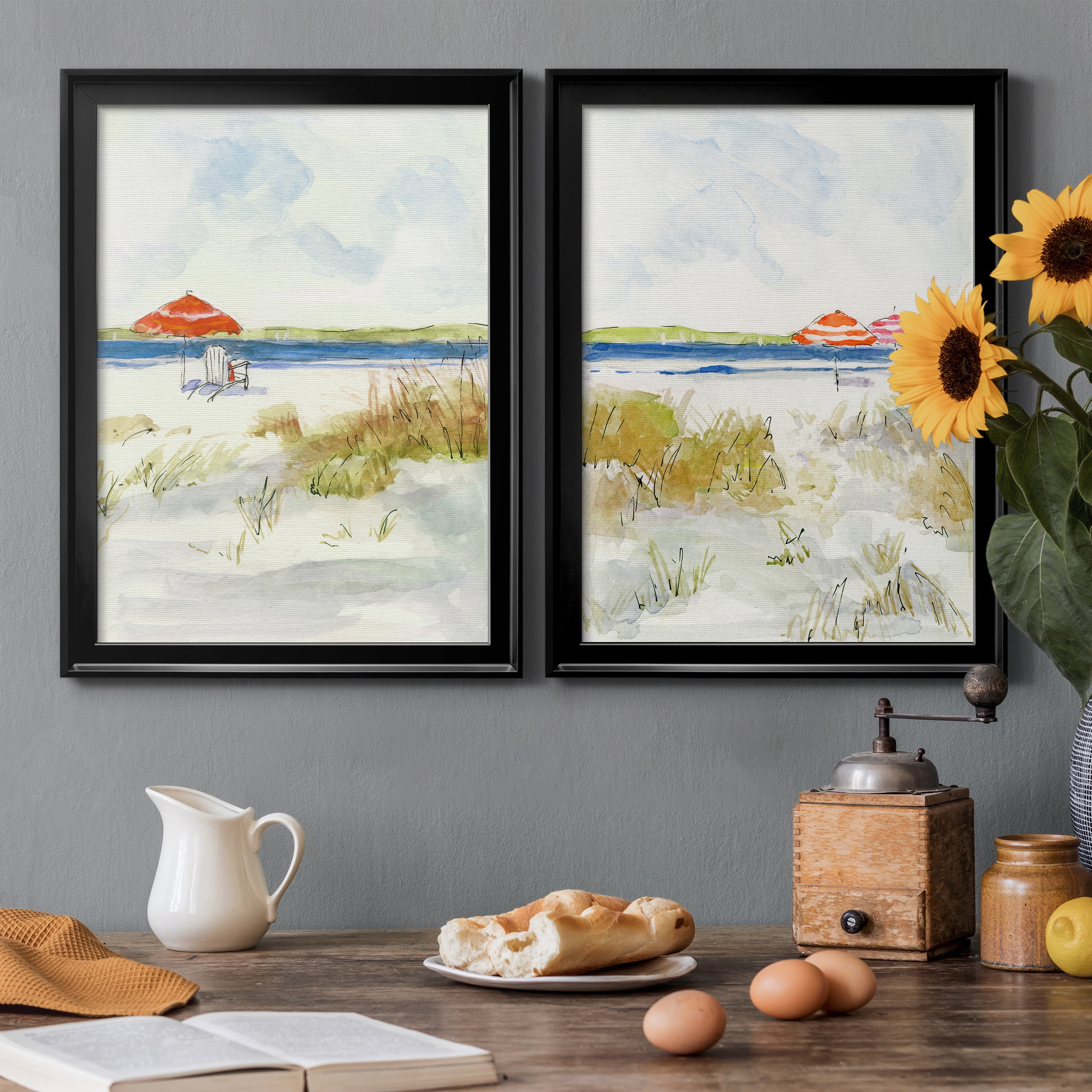 2 Piece Set Sketchy Beach I Premium Framed Canvas - Ready to Hang - 18.5 x 24.5 Each - Gold Frame