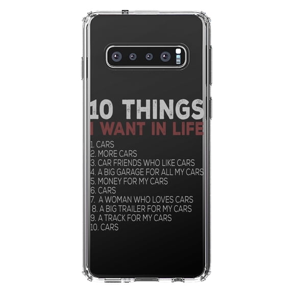 DistinctInk Clear Shockproof Hybrid Case for Samsung Galaxy S10 (6.1" Screen) - TPU Bumper Acrylic Back Tempered Glass Screen Protector - Things I Want In Life - Cars, Money, Woman