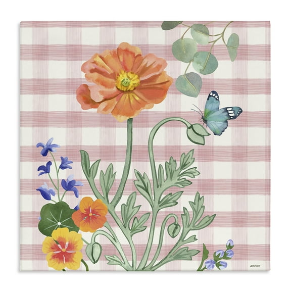 Stupell Industries Gingham Garden Poppy Botanical & Floral Painting Gallery Wrapped Canvas Art Print Wall Art, 17 x 17