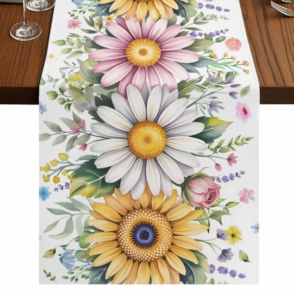 Table Runners 60 Inches Long Dress Scarves, Colorful Daisy Floral Farmhouse Kitchen/Dining Table Runner, Small Coffee Tablerunners, Spring Flowers Botanical Leaves Rustic 13x60 Inch