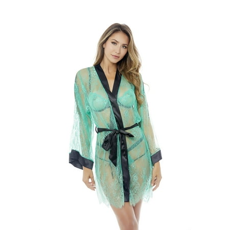 Popsi Lingerie Eyelash Lace Robe for Women Green and Black