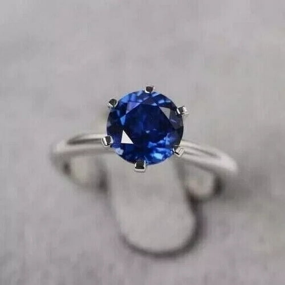 TAAPSEE JEWELS Round Cut Blue Sapphire 6 Prong Women's Ring 14K White Gold Plated