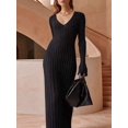 thumbnail image 4 of Womens V Neck Long Sleeve Fishtail Sweater Dress Ribbed Knit Slim Fit Bodycon Midi Dress Black L, 4 of 6