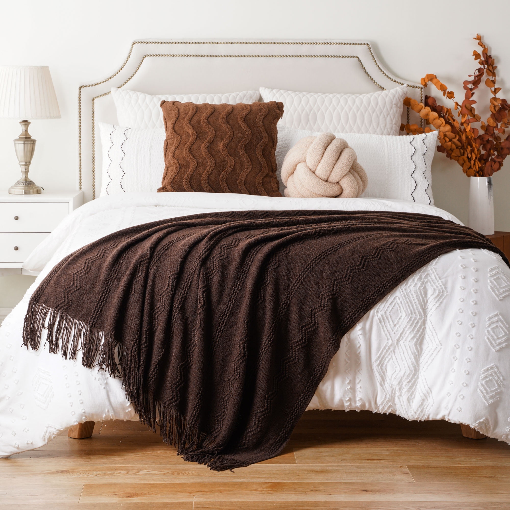 Battilo Brown Throw Blanket for Couch,Dark Brown Knit Blanket,Housewarming Gift,Boho Throw,50"x60"