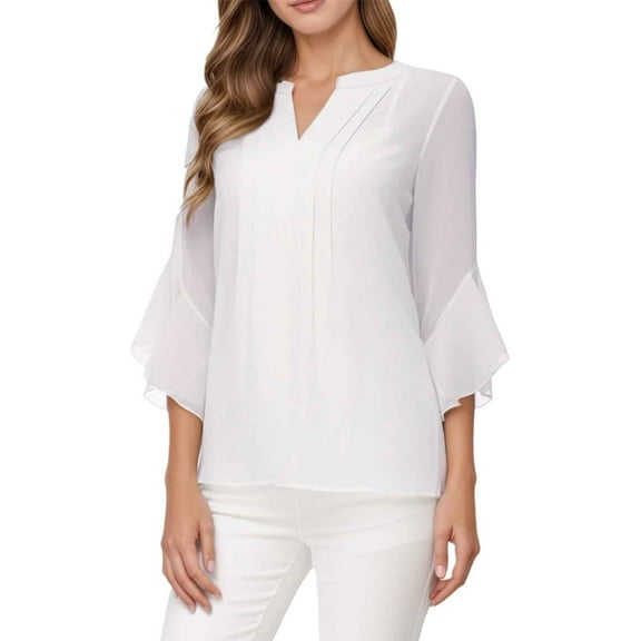 Ladies' Solid Color Leaf Three Quarter Sleeve Fashionable And Casual Loose V Neck Shirt