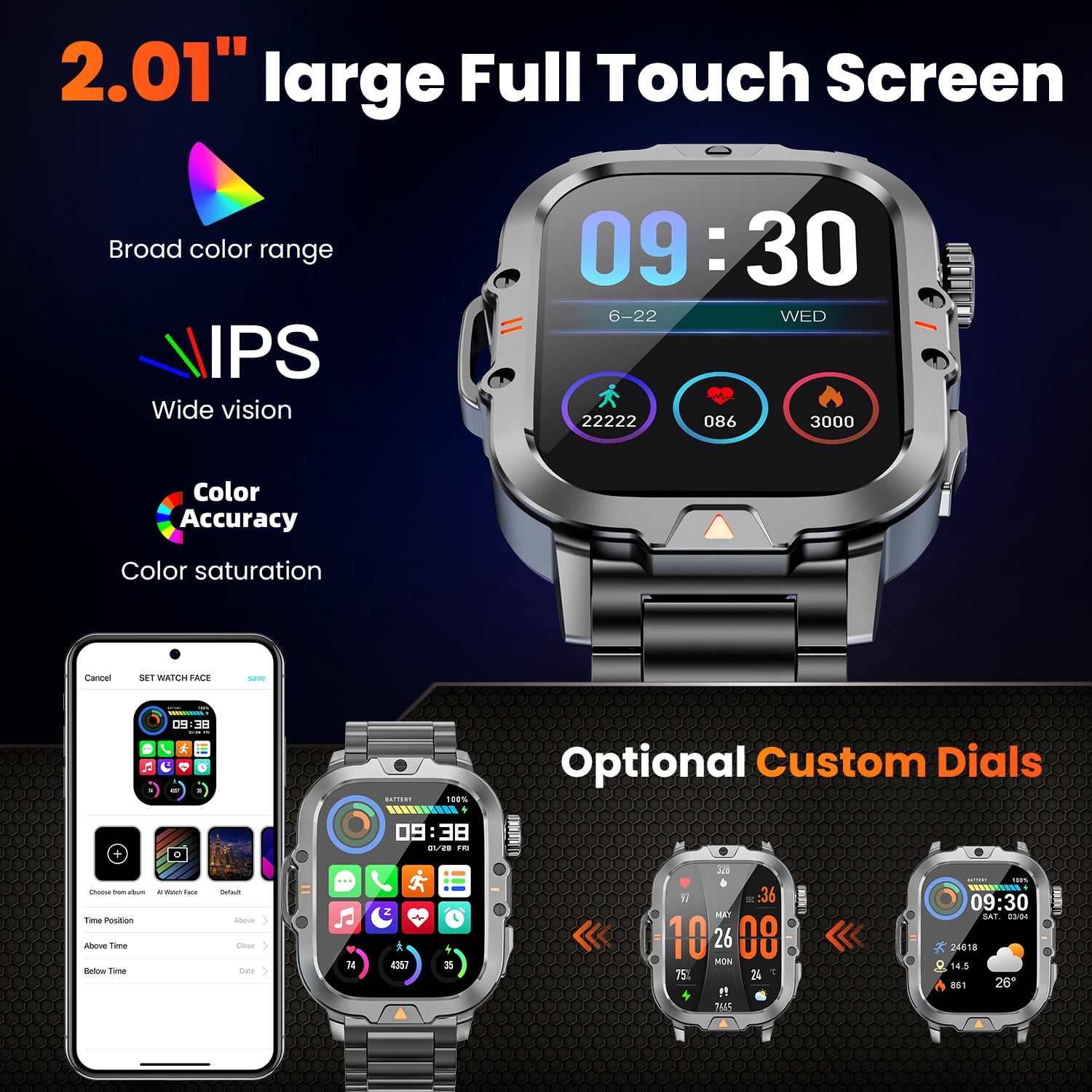 2.01-inch Military Smartwatch for Men with Fitness Tracker, Answer/Call/100+ Sport Modes, IP68 Waterproof, Hiking Travel Pedometer Watch compatible with Android IPhone Devices (Steel Band)