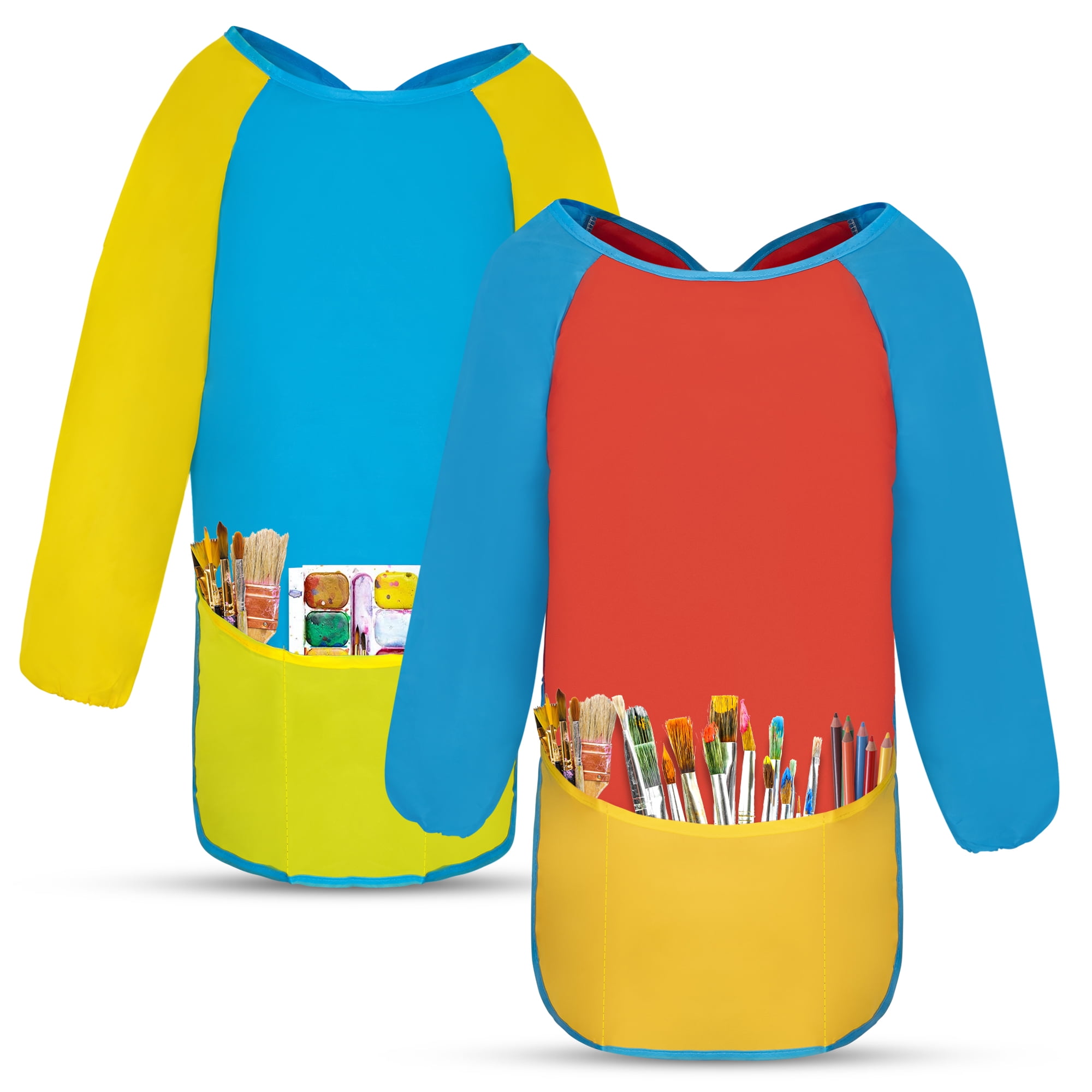 Playkidiz Art Kids Smock Paint Shirt, Set of 2 Preschool Artist Aprons,  Kids Paint Smock Shirt for Kids, Painting Coat (3149 Red/ Blue)