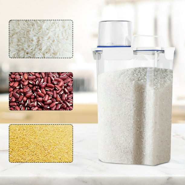 Recipiente de plástico para almacenar alimentos - Contenedor transparente de 3L para almacenar granos con taza medidora para arroz, cereales, pasta y harina