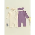 thumbnail image 4 of Aojekbee Baby Girl Rompers Solid Color Buttons Crew Neck Long Sleeve Jumpsuits Fall Clothes Bodysuits with Headband, 4 of 10