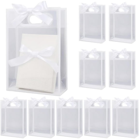 12Pcs Die Cut Gift Bags Plastic Bags with Ribbon White Clear Party 10 x 7 x 3in Rectangle Present Reusable Wrapping Candy Tote Pouches for DIY Wedding Birthday Party Favor Packaging Decor