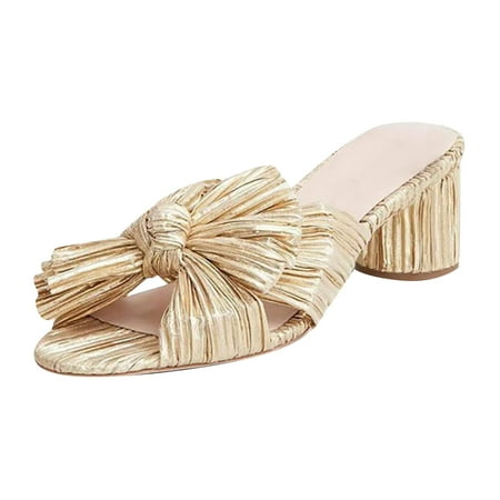 

Foraging dimple Women s Fashion Sandals Thick Heel Bow Silk Sandals Retro Buckle Shoes Gold