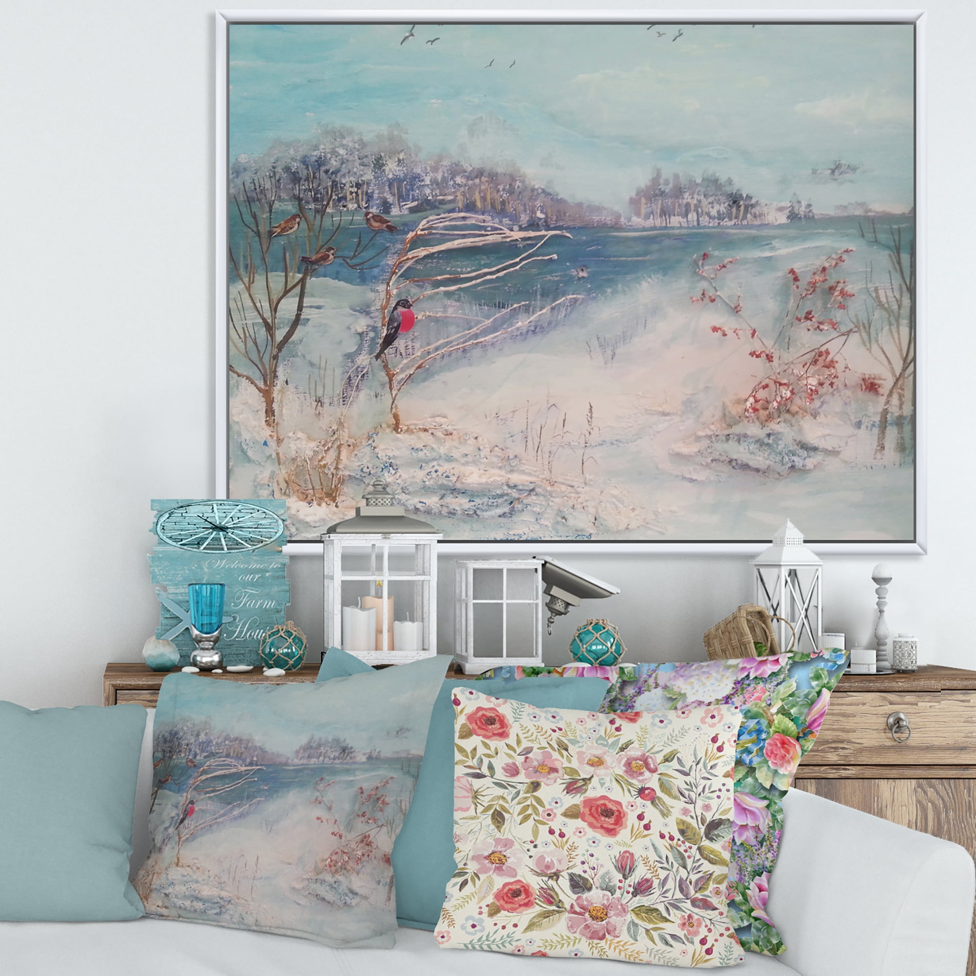 Designart 'Birds and Winter Trees By River' Lake House Framed Canvas Wall Art Print