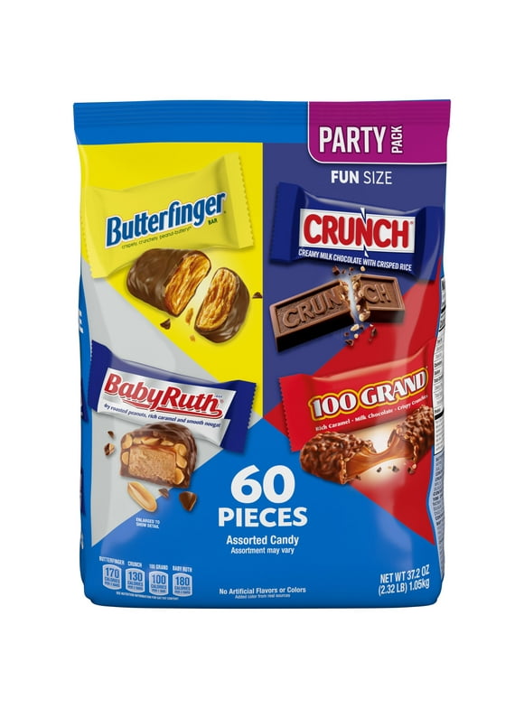 Butterfinger, CRUNCH, Baby Ruth and 100 Grand, Fun Size Candy Bars, 37.2 oz, Bulk 60 Pack