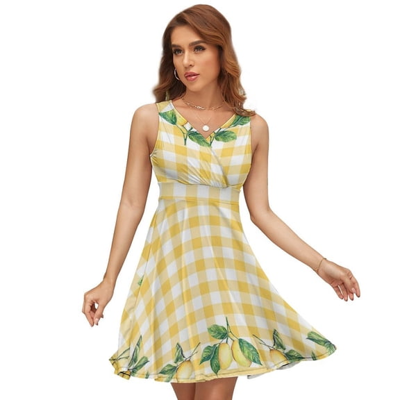 Lemons And Leaves on A Yellow And White Background Women's Tank Dress V Neck Sleeveless Summer Sundress