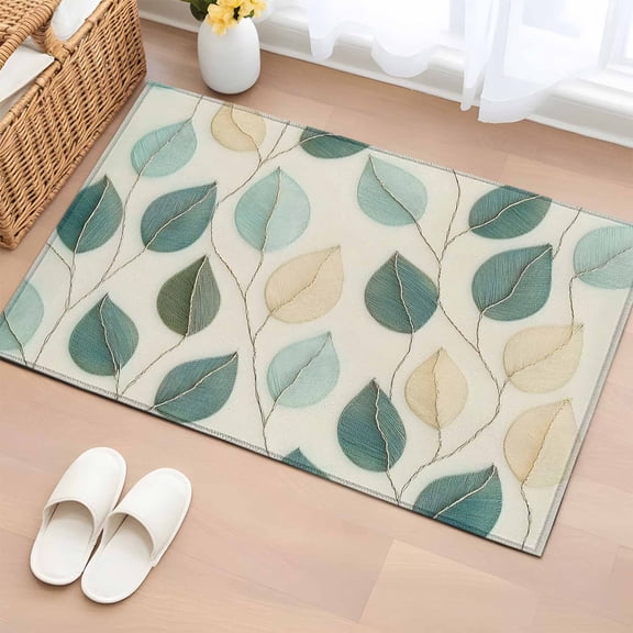 Teal Green Leaf Bathroom Rug Washable 2x3 Entryway Rug Non Slip Farmhouse Vintage Middle Century Textured Front Door Mat Low Pile Indoor Doormat Throw Floor Carpet for Kitchen Bedroom Entrance