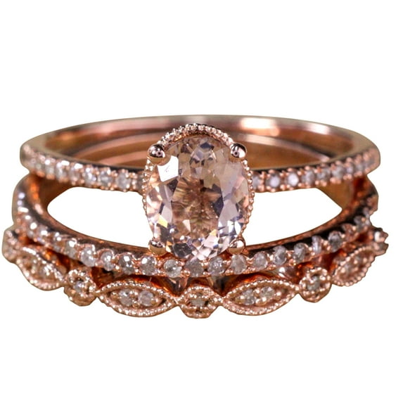 2 carat Antique Design Oval Shape Real Morganite & Man made diamond moissanite Trio Ring Set with 18k Gold Plating