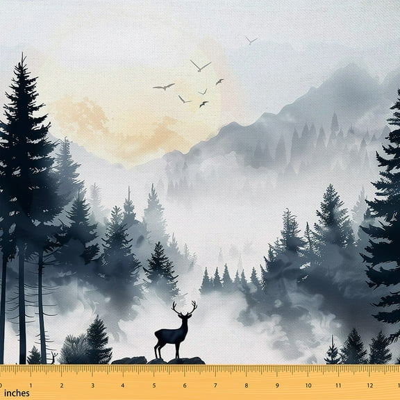 Homewish Safari Deer Elk Fabric by the Yard 3 Yard,Mountain Pine Tree Sewing Fabric,Natural Landscape Room Decor Fabric by the Yard For Boys Girls,Microfiber Bedroom Decor