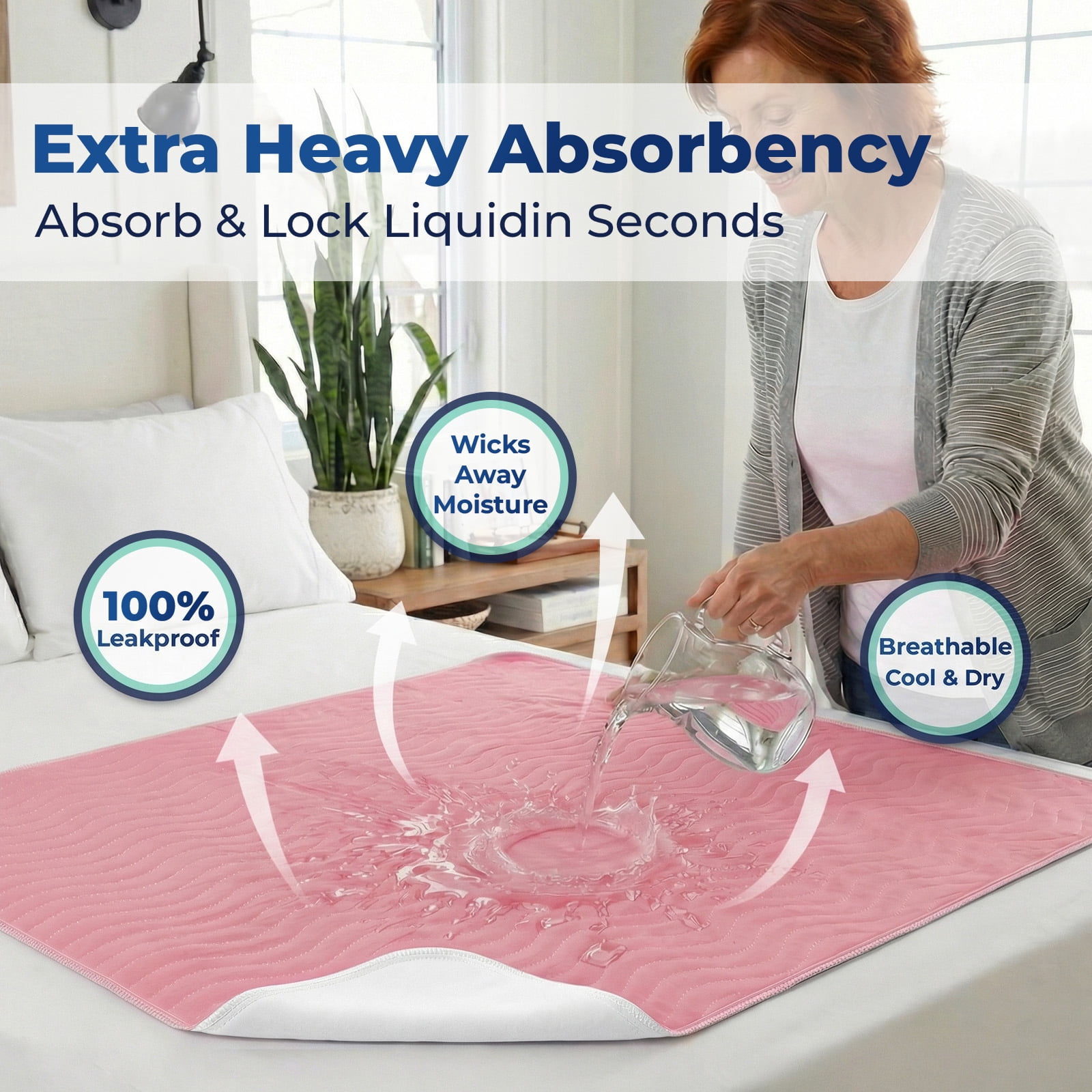 4pack 36” x 36” Extra Heavy Absorbency Washable Underpads, Waterproof Quick Drying Nursing Pads Incontinence Bed Pads, Reusable Washable Pee Pads for Dogs, Diaper Changing & Adults(Pink)
