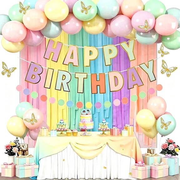 Yancan Pastel Birthday Decorations for Women Girls, Macaron Balloons Garland, Crepe Paper Streamers Backdrop Party Decor 57pcs