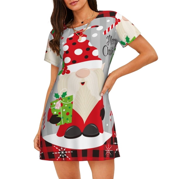 Easygdp Gnome And Buffalo Plaid Camisón de manga corta para mujer, informal, estampado