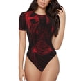 thumbnail image 1 of Balery Red Gothic Skeleton Throne Body de cuello redondo de manga corta para mujer Tops de manga corta Tops básicos-Small, 1 of 7