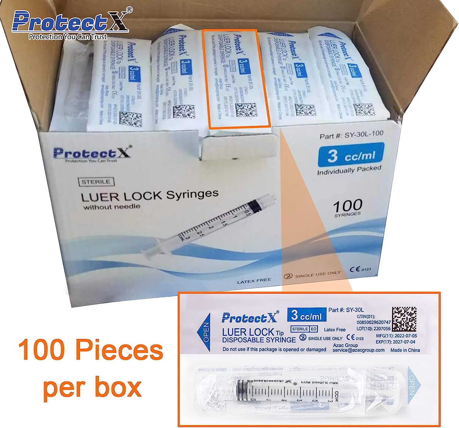 ProtectX 100 Pack 3ml Disposable Luer Lock Sterile Syringe (No Needle), Individually Sealed, Smooth and Accurate Dispensing for Science Labs