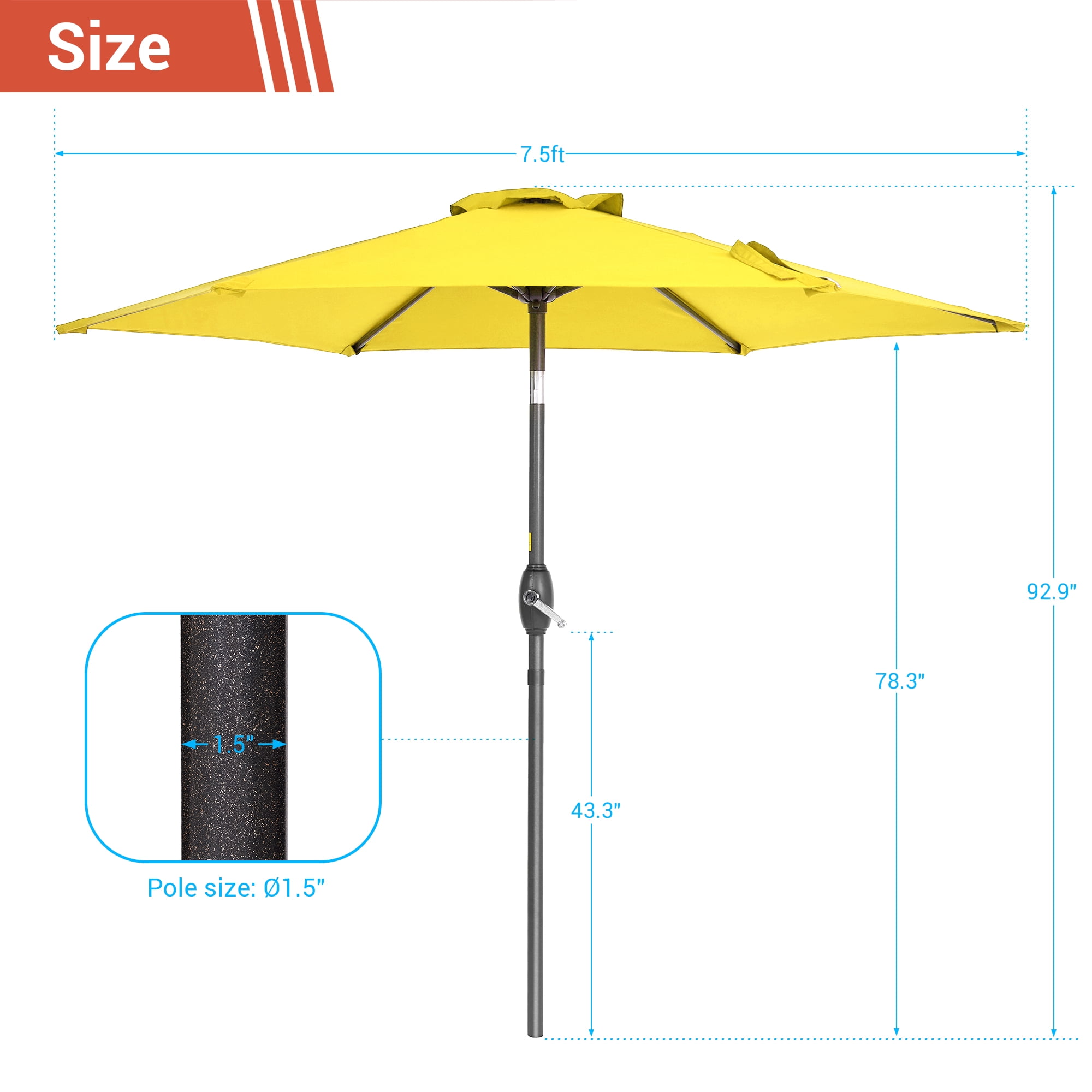 Sonerlic 7.5ft Round Outdoor Patio Shade Umbrella with Steel Frame for Yard,Garden,Poolside and Deck,Yellow