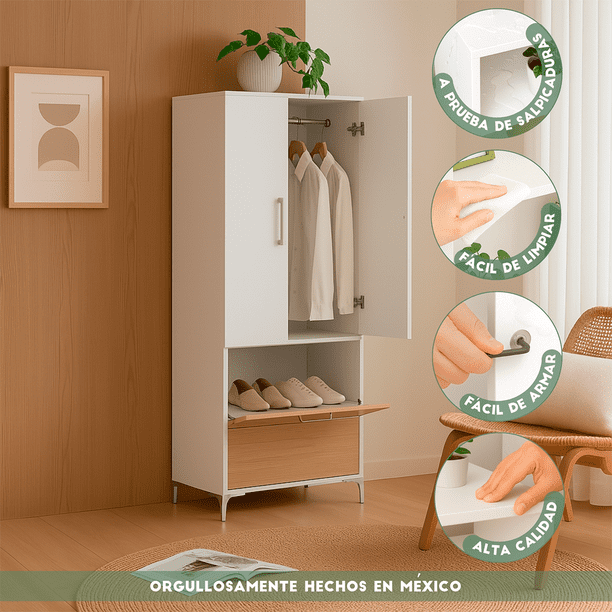 Closet, Armario, Ropero organizador, 2 puertas y zapatera Blanco