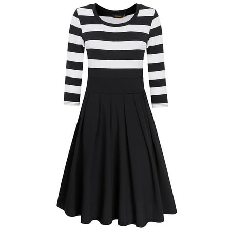 LeadingStar Women's Stripe Scoop Neck Short 3/4 Long Sleeve Casual Swing Modest Dresses Black (Best Modest Clothing Sites)