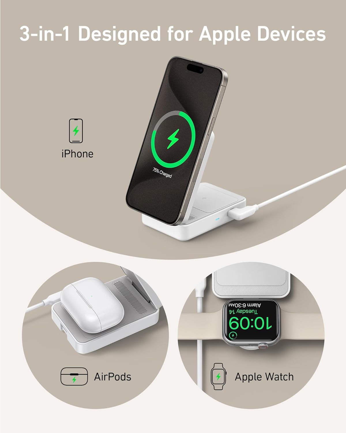 Anker MagGo 3 in 1 MagSafe-Compatible Wireless Charger Stand, Qi2 Certified 15W Foldable Charger, compatible for iPhone 17/16/15, AirPods, Apple Watch Ultra(Adapter Included)