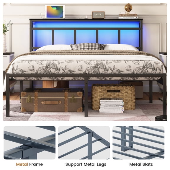 JUYG Twin Metal Platform Bed with Storage Headboard, USB-C and LED, Black