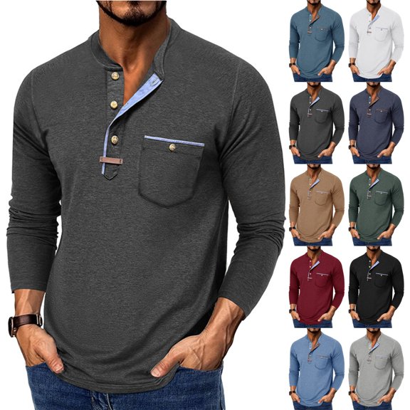 Men's Long Sleeve Round Neck Color Block T-Shirt for Spring Fall Winter Casual Wear,Black,L